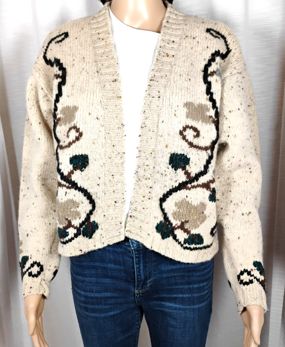 Vintage Wool Knit Cardigan Sweater Womens 40 M Floral Vine Cottagecore Short